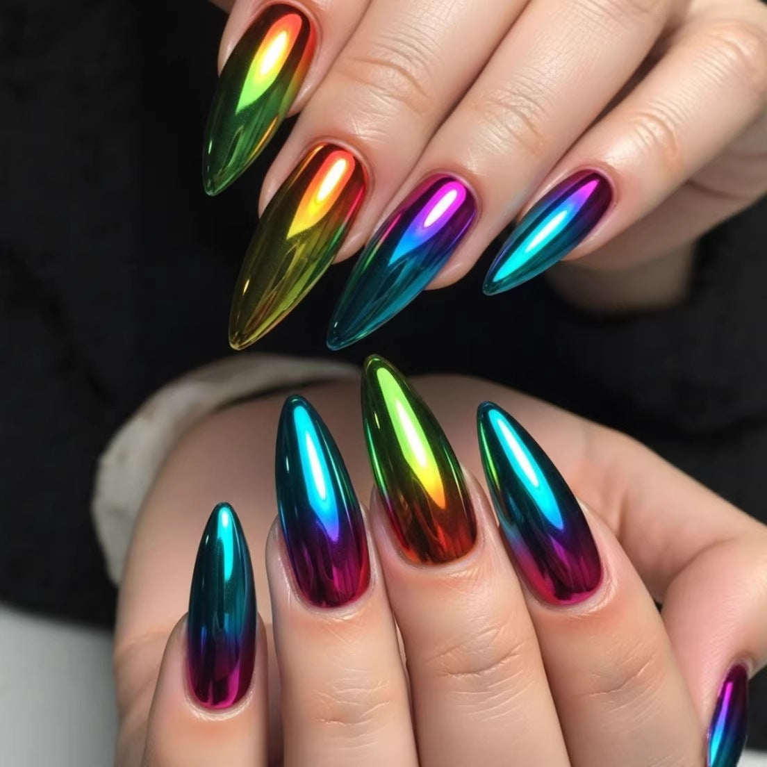 Rainbow Gradient Press On Nails Stiletto Long Colorful Acrylic Fake Nails Glossy Y2K Cyber Punk Reusable Glue On Set 55