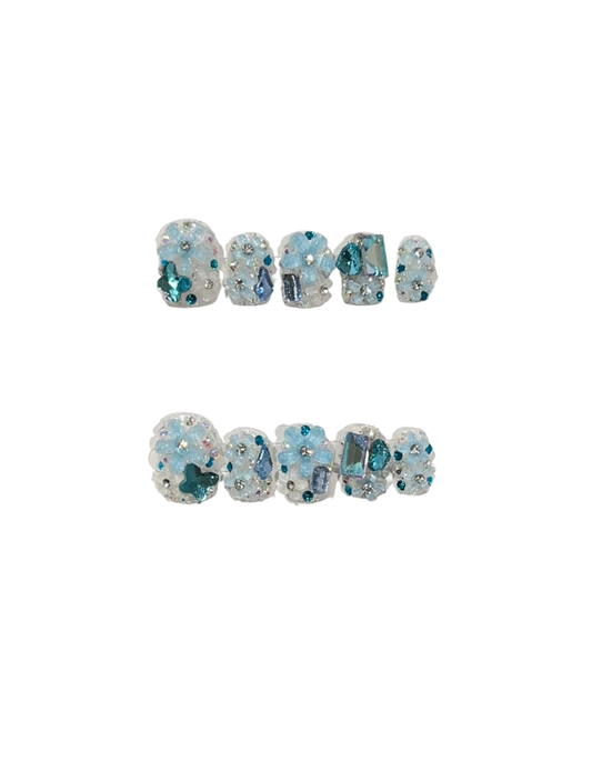 Frozen Blue Flower Press On Nails Short Squoval – 3D Butterfly Crystal Gems Winter Fairycore Bridal Reusable Nail Set 209