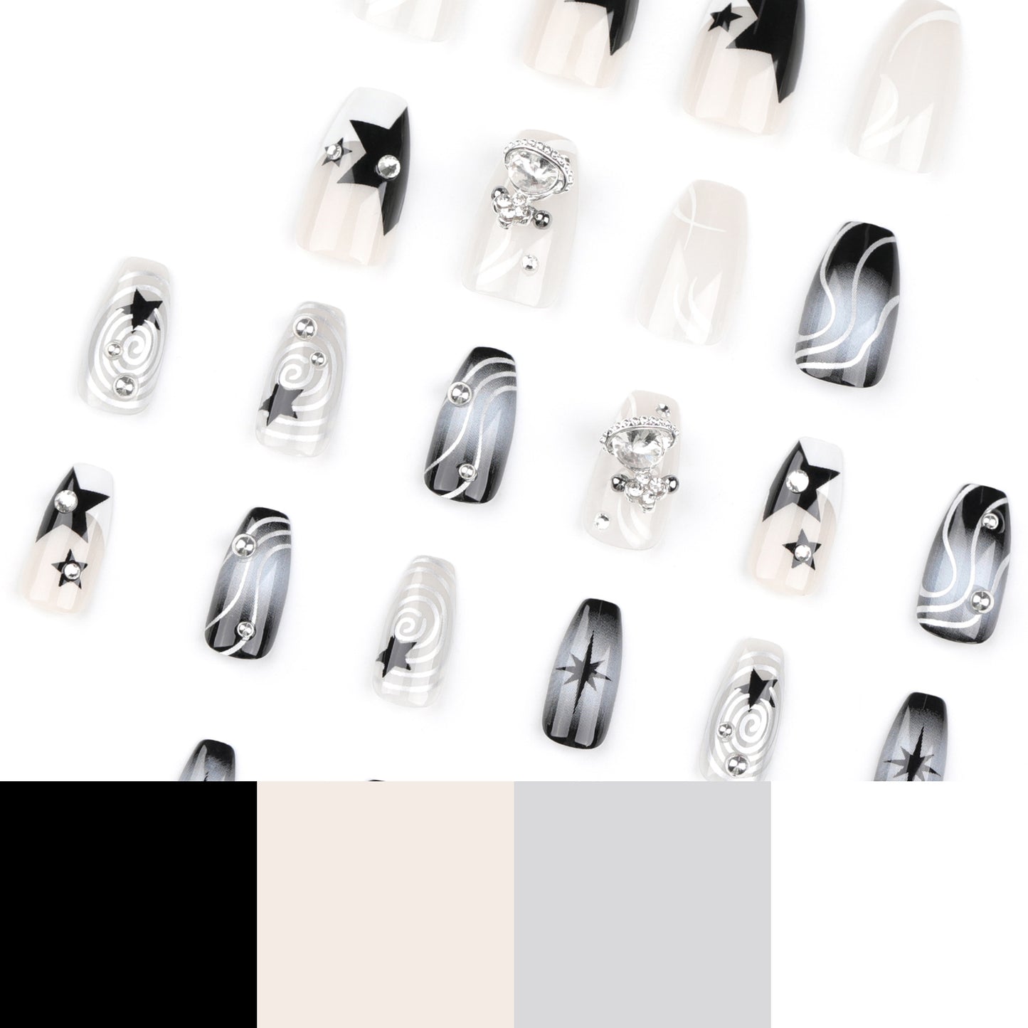 Black White Cat Eye Press On Nails Y2K Cyber Cool Style with Rhinestones Studs Star Charms Metallic Swirl Coffin Shape Glossy Reusable Full Cover False Nails Kit for Women 87