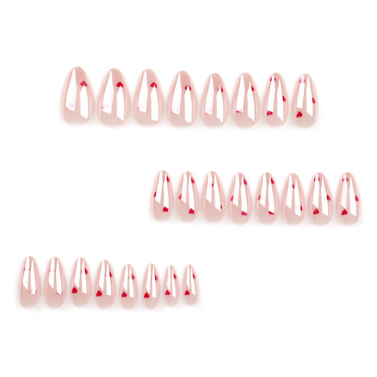 Glossy Nude Pink Press-On Nails Almond Heart Design Mirror Finish Reusable Glue On Fake Nails Cute Set 40