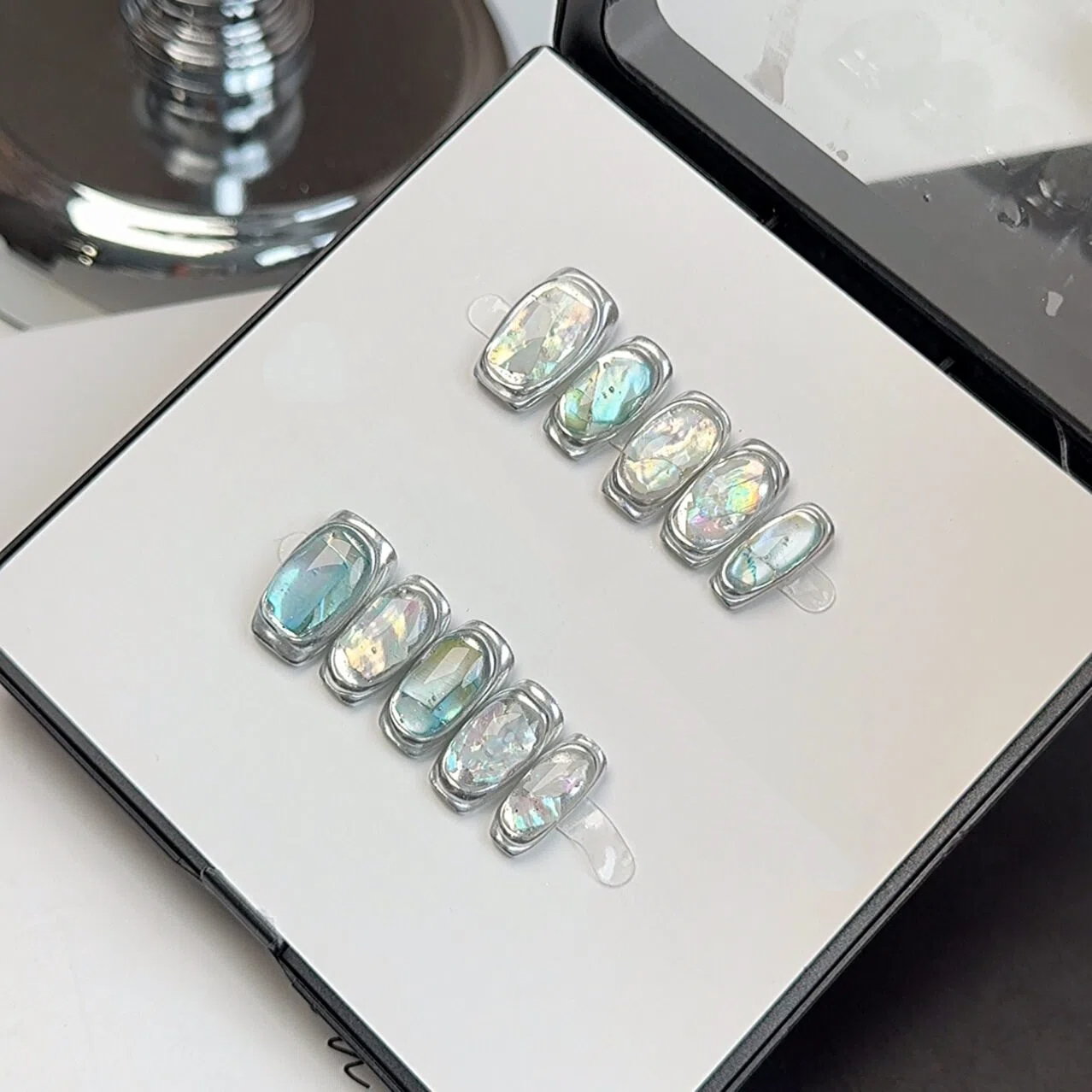 Mother of Pearl Press-On Nails – Iridescent Aurora Short Square Nails | Silver Glitter Edge Minimalist Reusable Nail Set 259