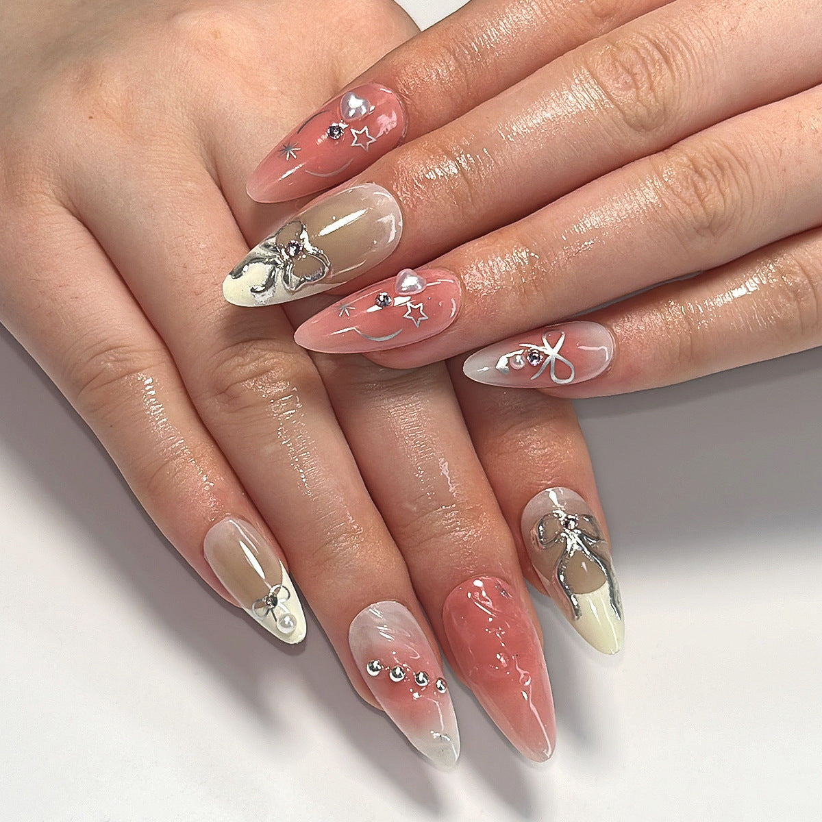 Pink White Gradient Press On Nails – Medium Almond Jelly Glossy Bow Charm Reusable Acrylic Nails 156