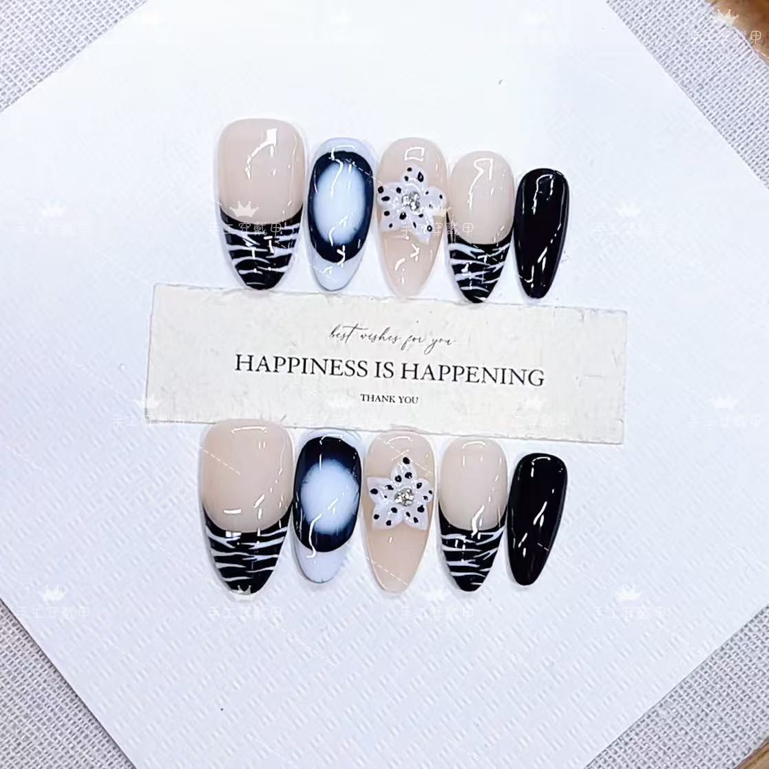 Zebra Print Press On Nails – Black and White Long Almond Glossy Rhinestone Acrylic Nails 141