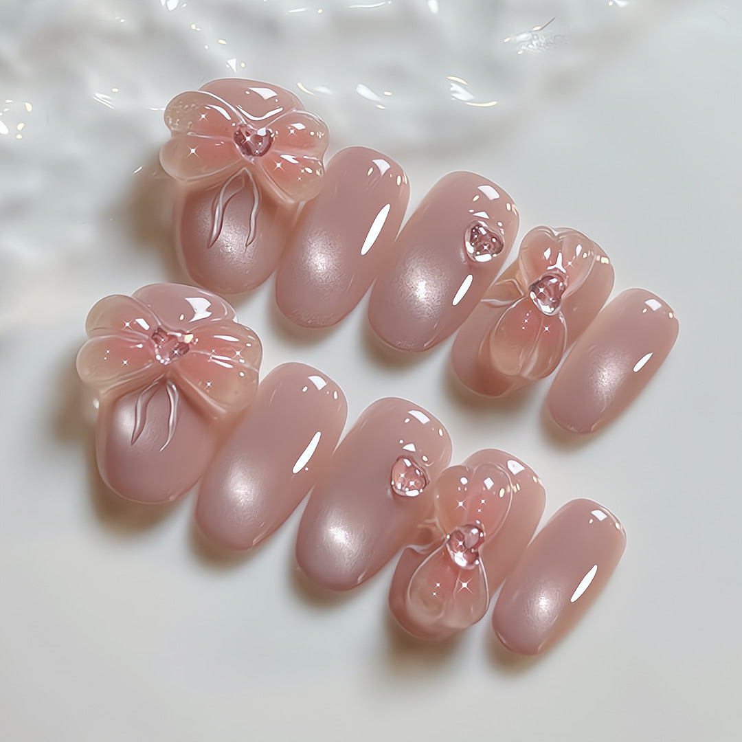 Nude Peach Press On Nails – Round with Cat Eye, 3D Flower Heart & Rhinestone Design Reusable Full Cover Set 171
