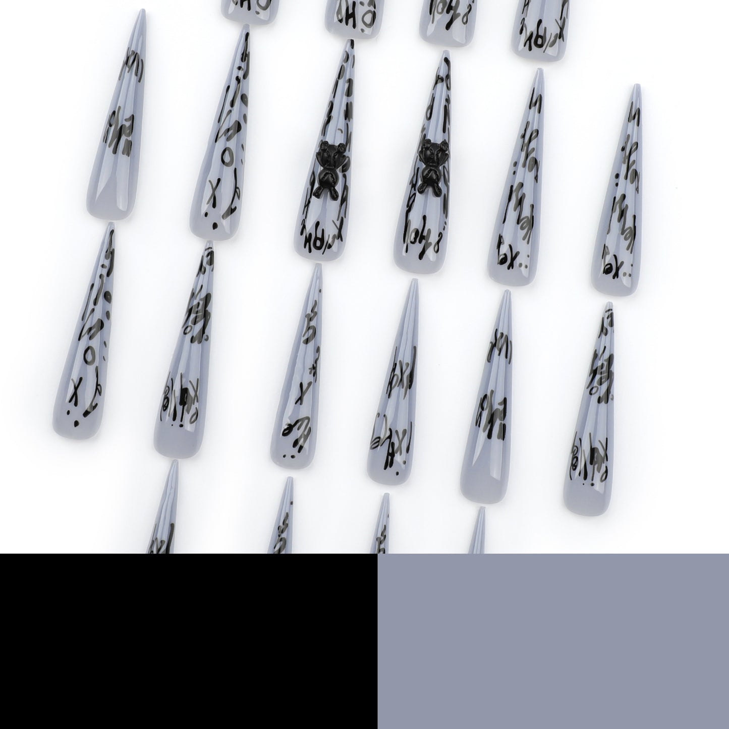 Press On Nails Y2K Graffiti Letter Black Bear Stiletto Long Fake Nails Edgy Street Style Gray Aesthetic Nails 3D Design Reusable Full Cover Stick On Nails for Women Party Festival 80