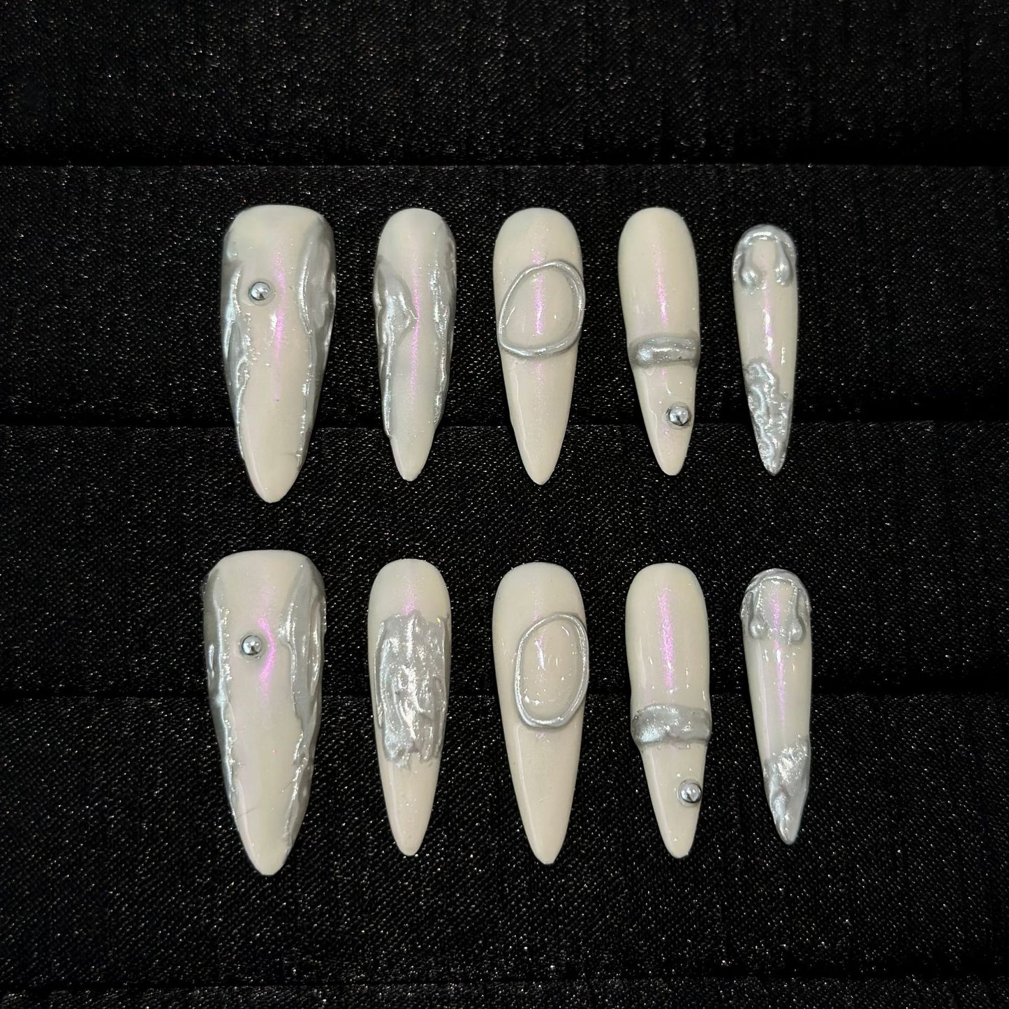 Chrome Stiletto Press On Nails – Iridescent Pearl Base 3D Molten Silver Accents Rhinestones Reusable Futuristic Bridal Set 210
