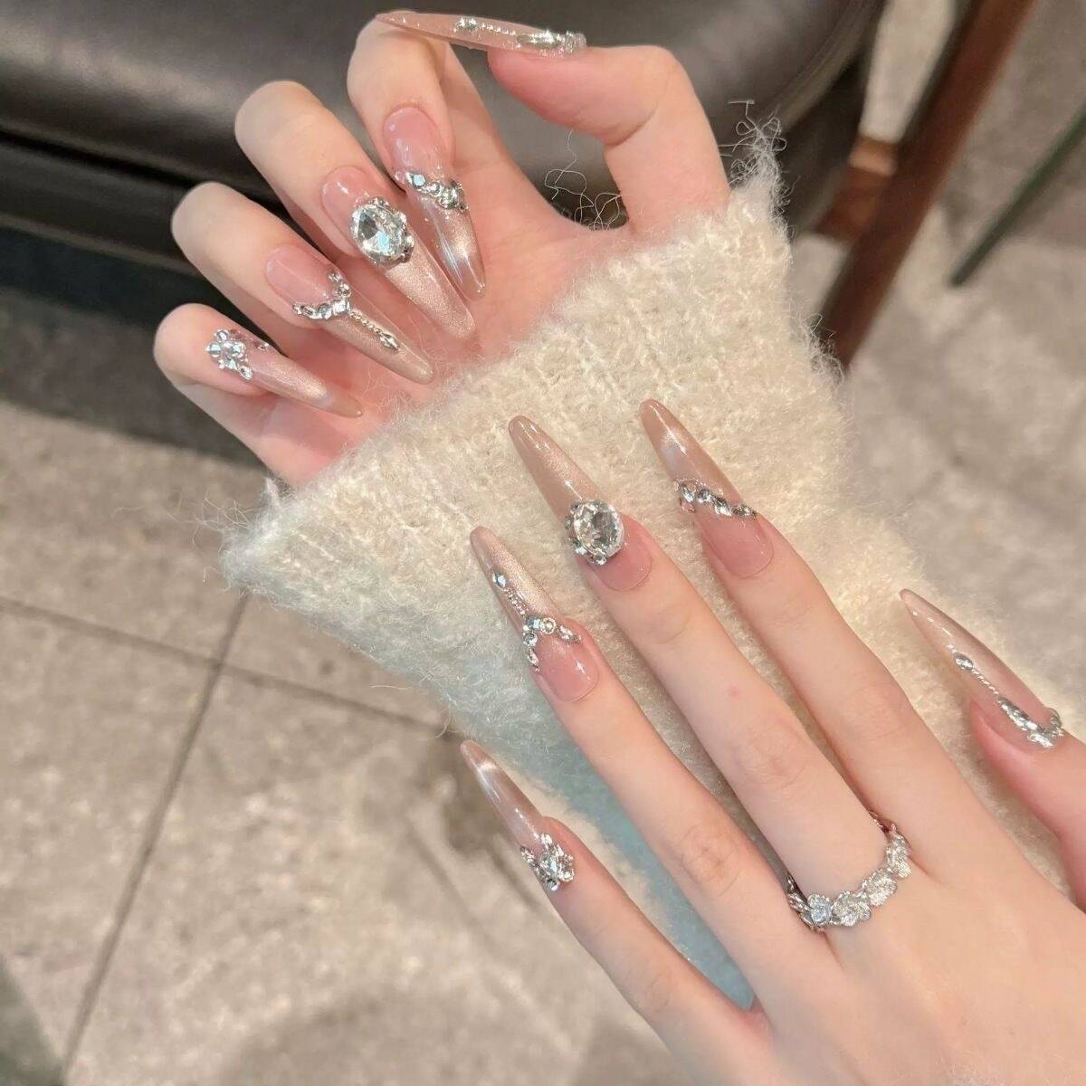 Pink Ombre Cat Eye Press On Nails – Long Stiletto Rhinestone Glossy Reusable Acrylic Nails 06