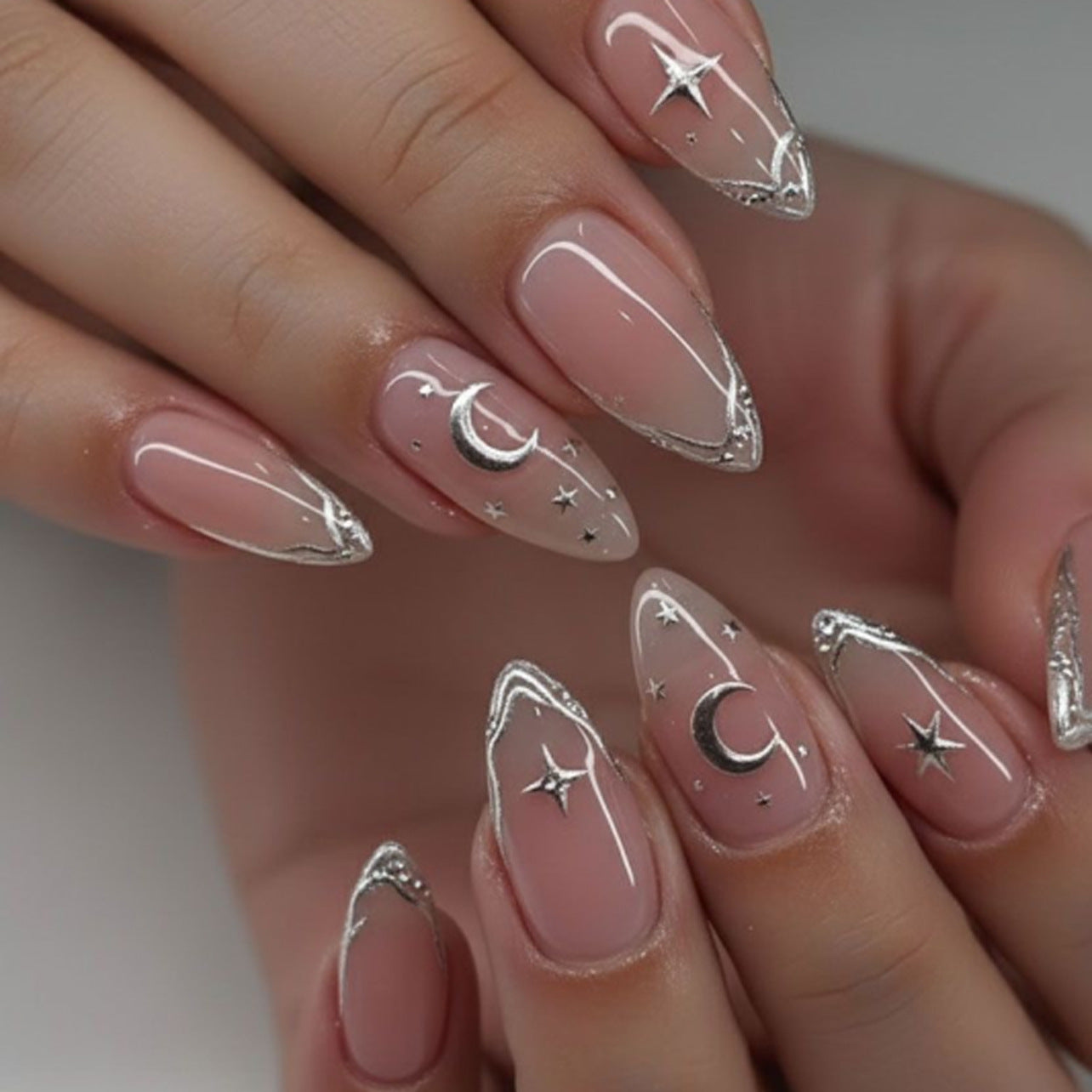Nude Pink Press On Nails with Silver French Tip Star Moon Design Glossy Almond Shape Elegant Minimalist Full Cover False Nails Kit Reusable 131