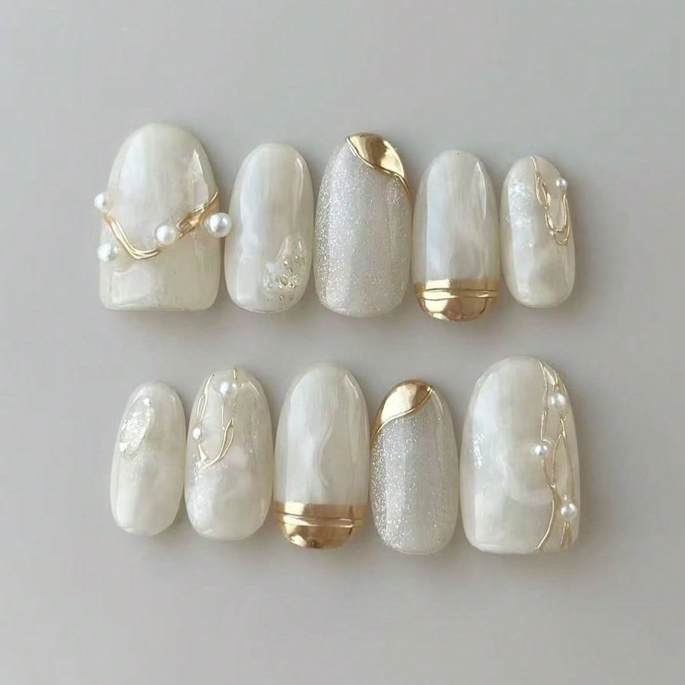 Milky White Press On Nails – Oval with Pearl Gold French Tip & Silver Accent, Reusable Full Cover Set 173