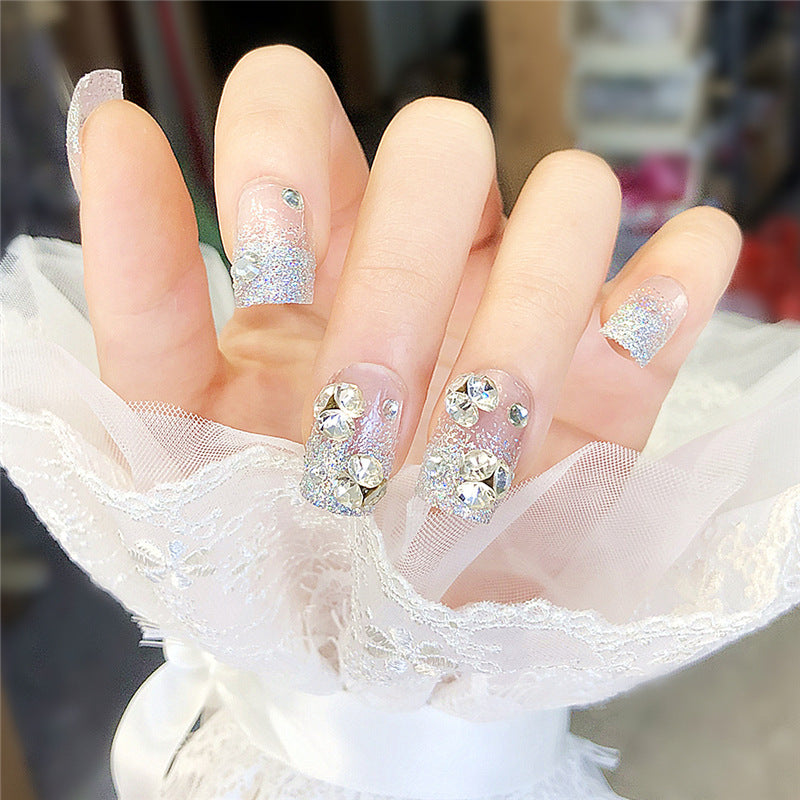Silver Glitter Press-On Nails Short Square Rhinestone Gradient Reusable Glue On Fake Nails Bling Set 38