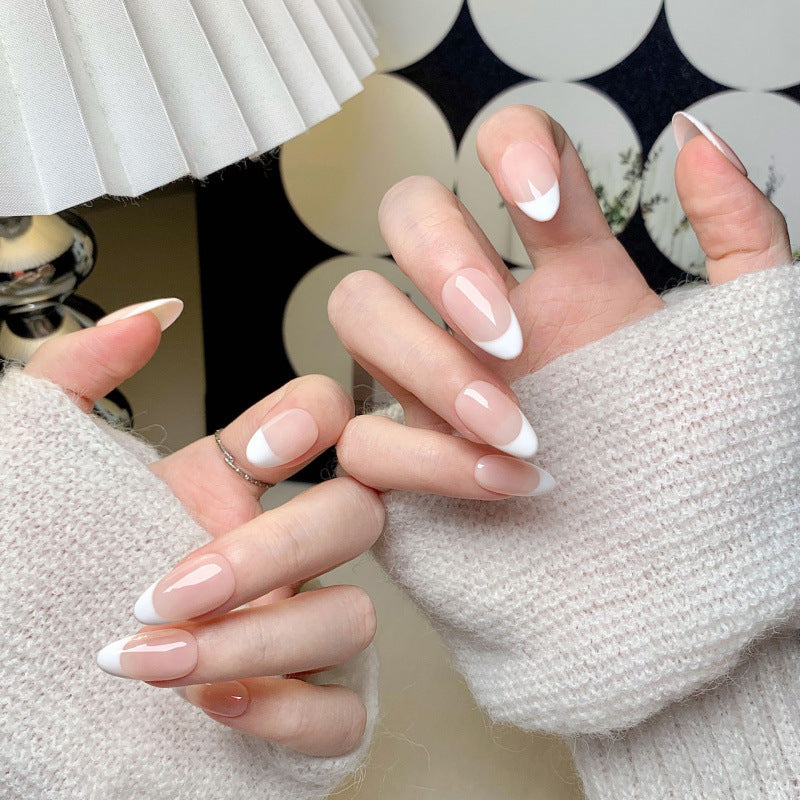 Nude French Press-On Nails – Sheer Jelly Oval Nails | Classic White French Tip Minimal Reusable Nail Set 281