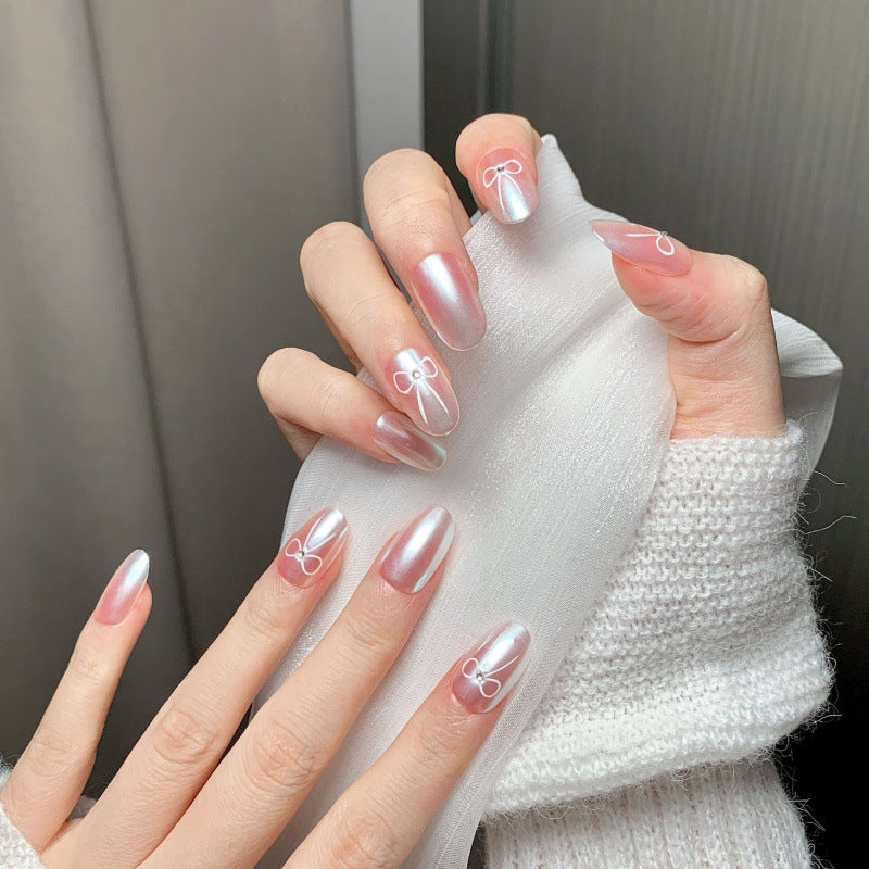 Peach Aurora Bow Press-On Nails – Glass Pearl Gradient Squoval Nails | Minimal Bow Detail Reusable Nail Set 270