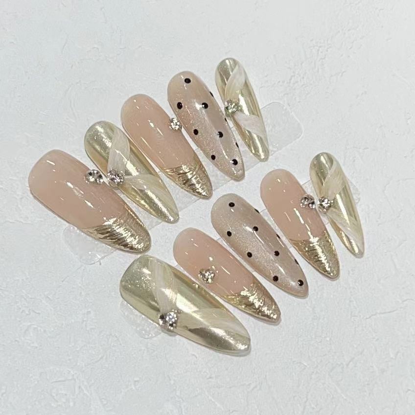 Gold French Bow Press On Nails – Long Almond Nude Nails with 3D Ribbon Bow, Black Polka Dots & Rhinestone Accent Handmade Elegant Vintage Nail Set 224