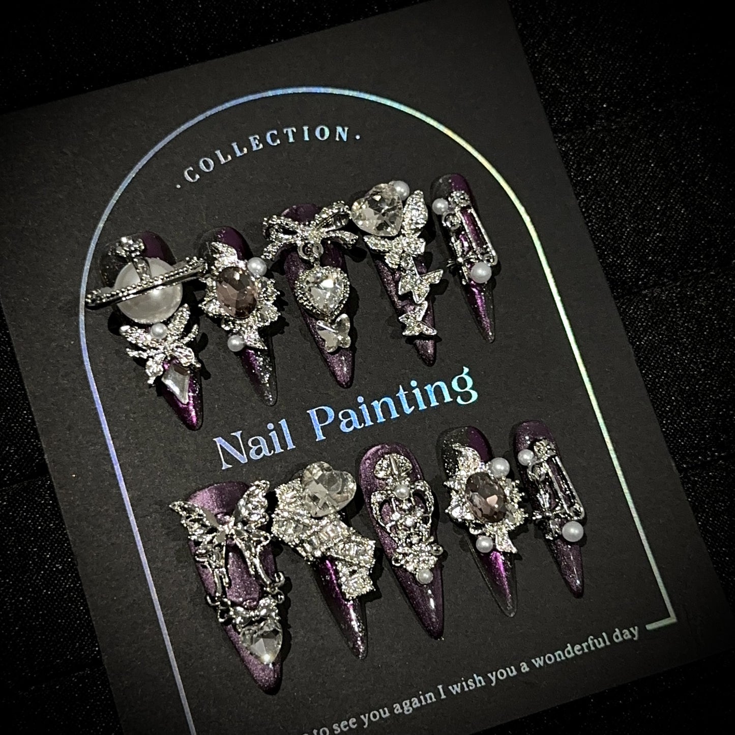 Dark Purple Stiletto Press-On Nails – Metallic Glitter Gothic Nails | 3D Silver Jewelry-Inspired Charm Reusable Nail Set 277