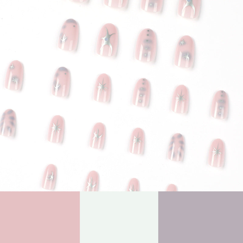 Nude Pink Press On Nails with Silver Star Studs Leopard Print Minimalist Glossy Short Almond Shape Reusable Full Cover False Nails Kit Cute Cool Everyday Natural Look 89