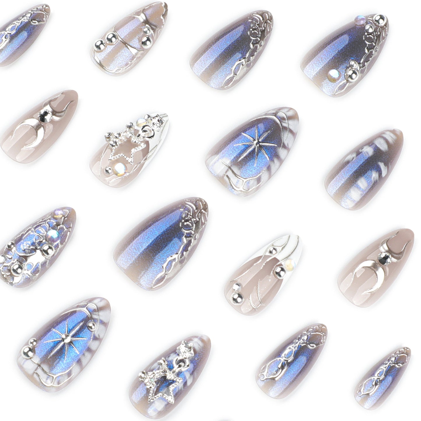 Press On Nails Blue Cat Eye Chrome Star Moon Y2K Nails Silver Chain Rhinestone Pearl Long Almond Glossy Fake Nails Reusable Edgy Aesthetic Cyber Nails for Women Party Festival 76