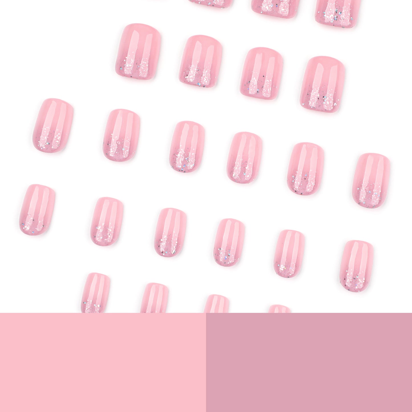 Nude Pink Press On Nails with Glitter Gradient Silver Shimmer Rhinestones Glossy Short Squoval Shape Natural Look Full Cover False Nails Kit Reusable 119