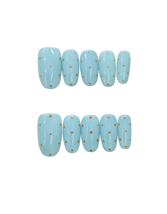 Mint Green Press On Nails | Soft Oval Nails with Caramel Brown Polka Dot Detail | Fresh Vintage Reusable Nail Set 283
