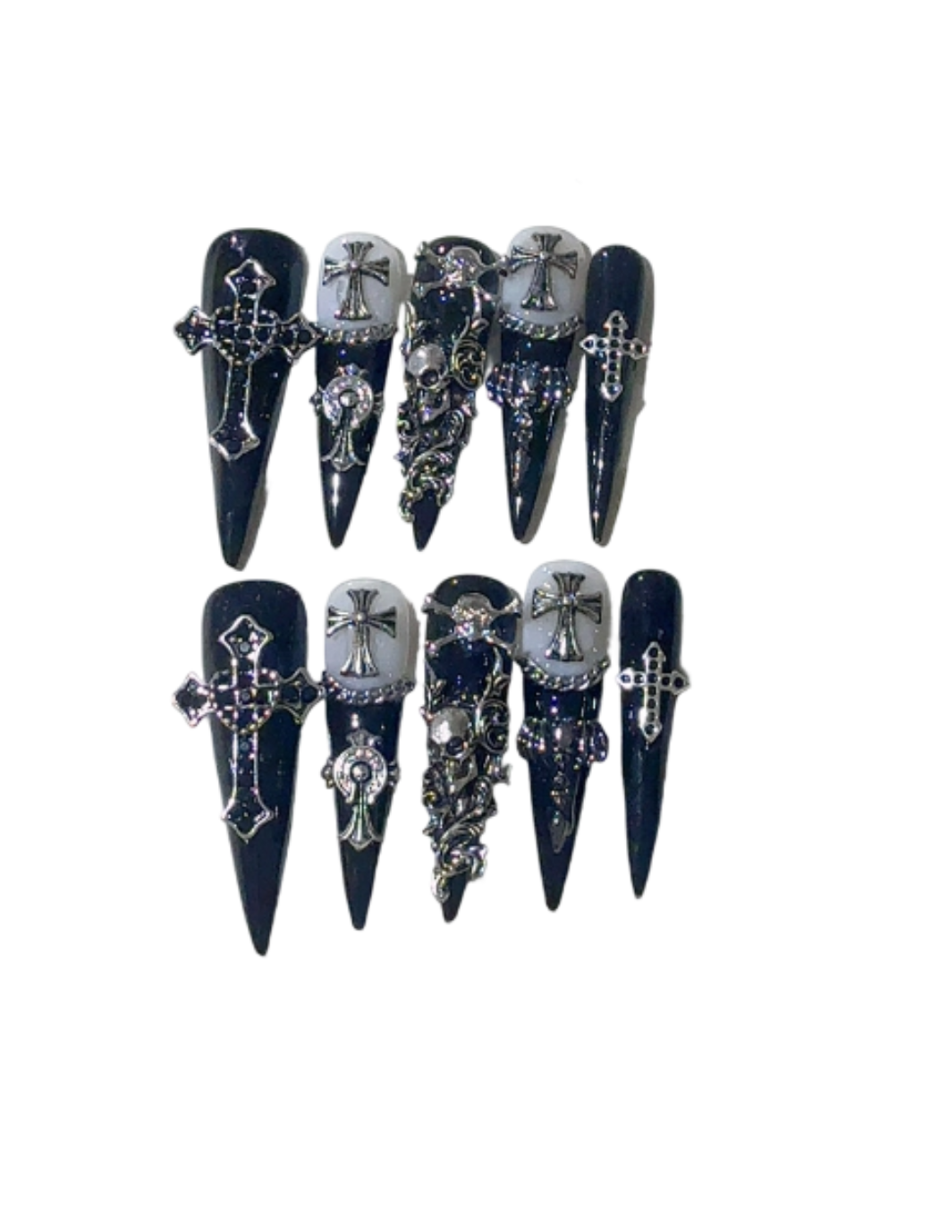 Black Grey Gothic Press On Nails Short Square Round – Smoky Marble 3D Cross & Metal Rings Pearl Accent Reusable Dark Aesthetic Nail Set 217