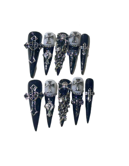 Black Grey Gothic Press On Nails Short Square Round – Smoky Marble 3D Cross & Metal Rings Pearl Accent Reusable Dark Aesthetic Nail Set 217