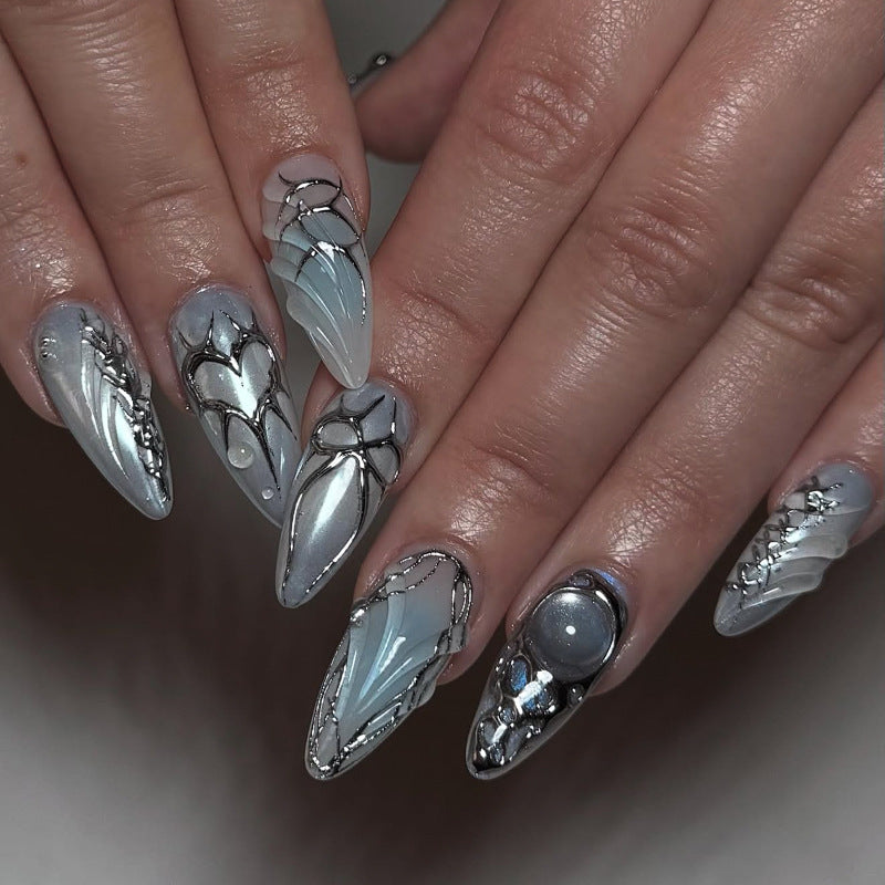Ice Blue Cat Eye Press On Nails with 3D Metallic Texture Chrome Spider Web Design Glossy Almond Shape Dark Futuristic Full Cover False Nails Kit Reusable 129