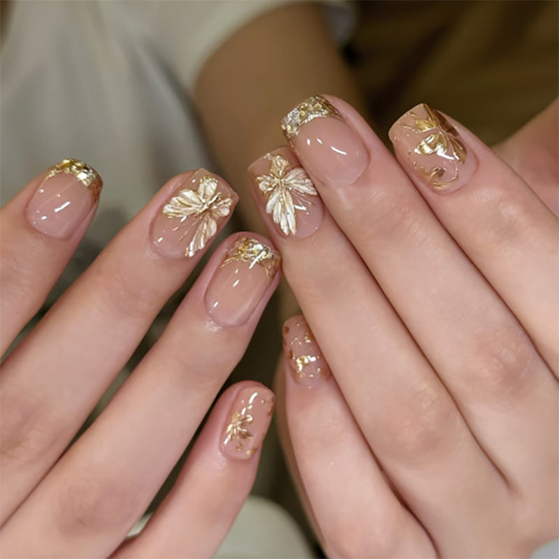 Nude Pink Press On Nails – Short Squoval Gold Butterfly Design Glossy Reusable Acrylic Nails 154