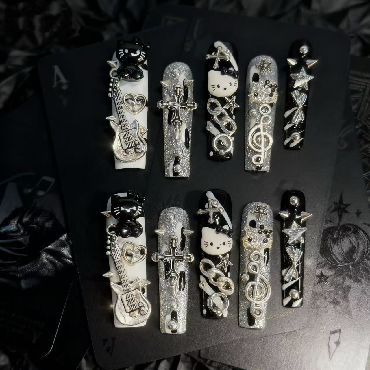 Y2K Hello Kitty Press On Nails Coffin Shape – Black Silver Rock Star Guitar Charms Punk Concert Handmade Reusable Nail Set 205