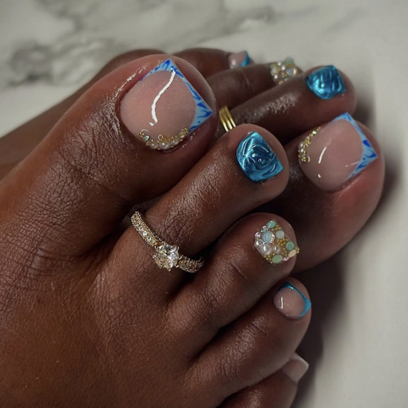 Nude Pink Press On Nails with Blue Flame 3D Rose Pearl Rhinestone Design Glossy Short Squoval Shape Luxury Romantic Full Cover False Nails Kit Reusable 130
