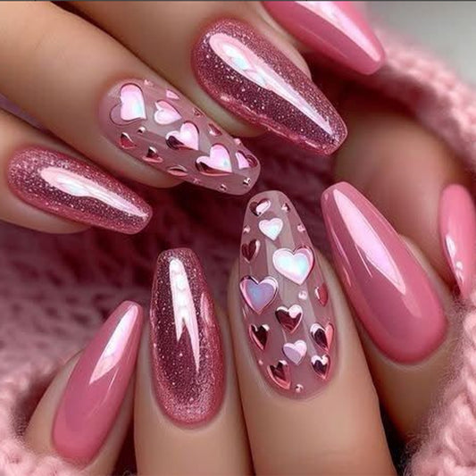 Pink Press-On Nails Coffin Shape Barbie Heart Glitter Reusable Glue On Fake Nails Y2K Cute Nail Set 36