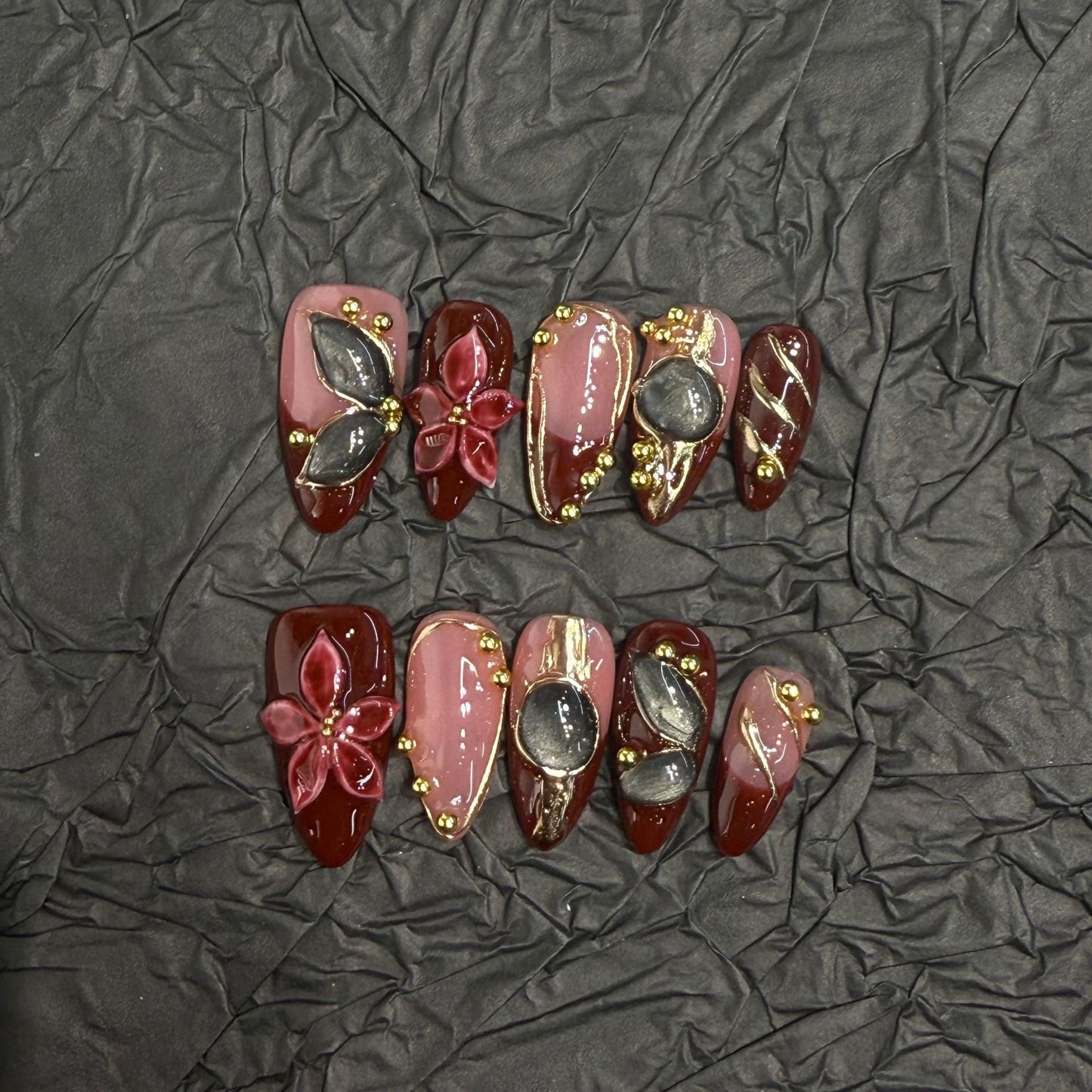 Vintage Floral Press-On Nails – Cherry Red Ombre Almond Nails | 3D Floral & Gold Detail Reusable Nail Set 253