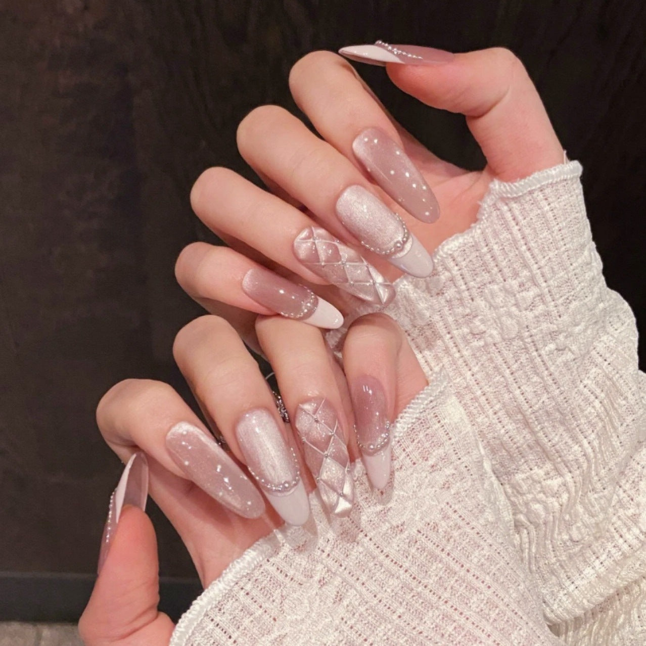 Nude Pink Cat Eye Press On Nails – Almond French Tip Press On Nails with Quilted Silver Design and Rhinestone Accents 190