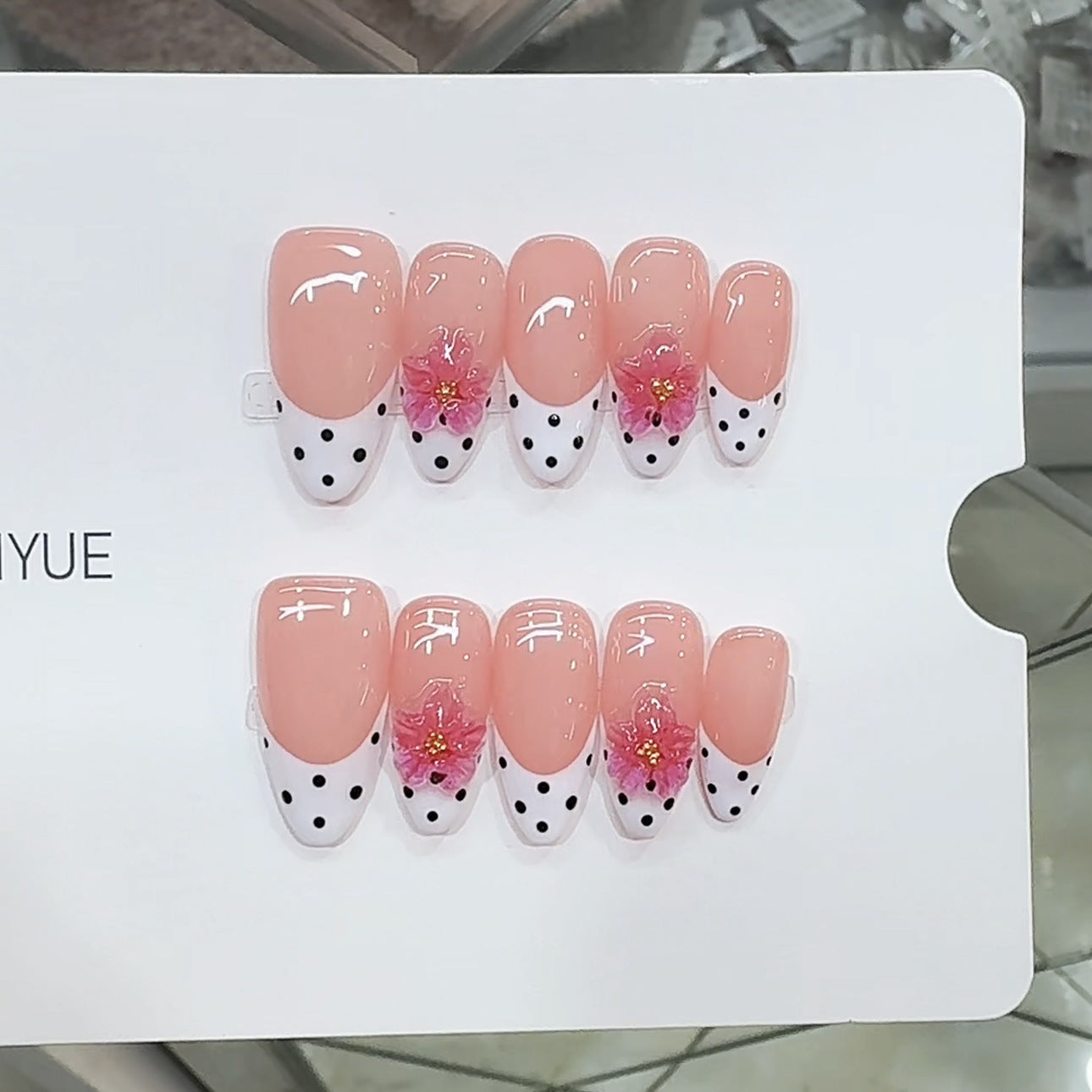 French Tip Press On Nails Nude Pink White – Almond Shape 3D Flower Polka Dot Glossy Reusable Acrylic Nails 144
