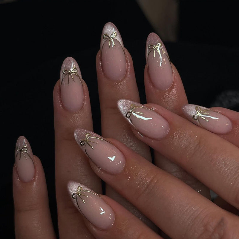 Nude Pink Press On Nails with Gold Bow Glitter French Tip Design Glossy Almond Shape Cute Elegant Full Cover False Nails Kit Reusable 132