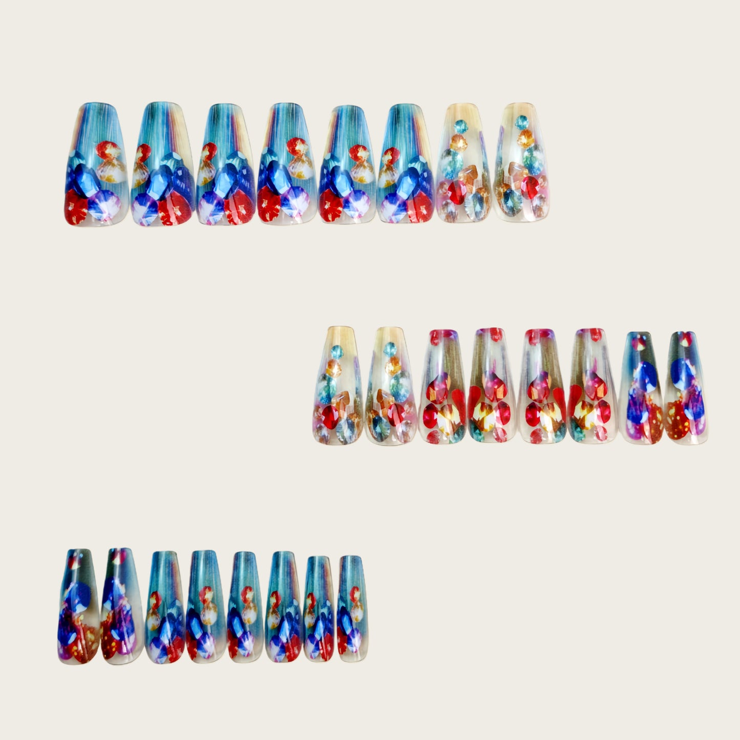 Glitter Press On Nails Rhinestone Squoval Rainbow Ombre Long Baddie Festival Nails Reusable Nail Set 26