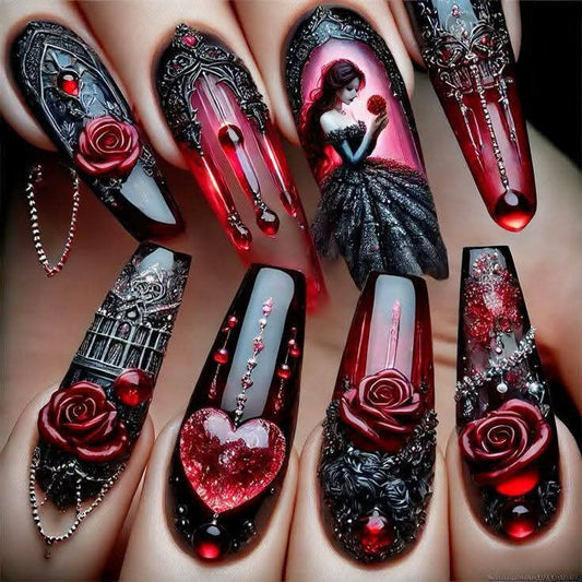 Gothic Press-On Nails Coffin Shape Black Red Rose Heart Reusable Glue On Fake Nails Y2K Dark Set 34