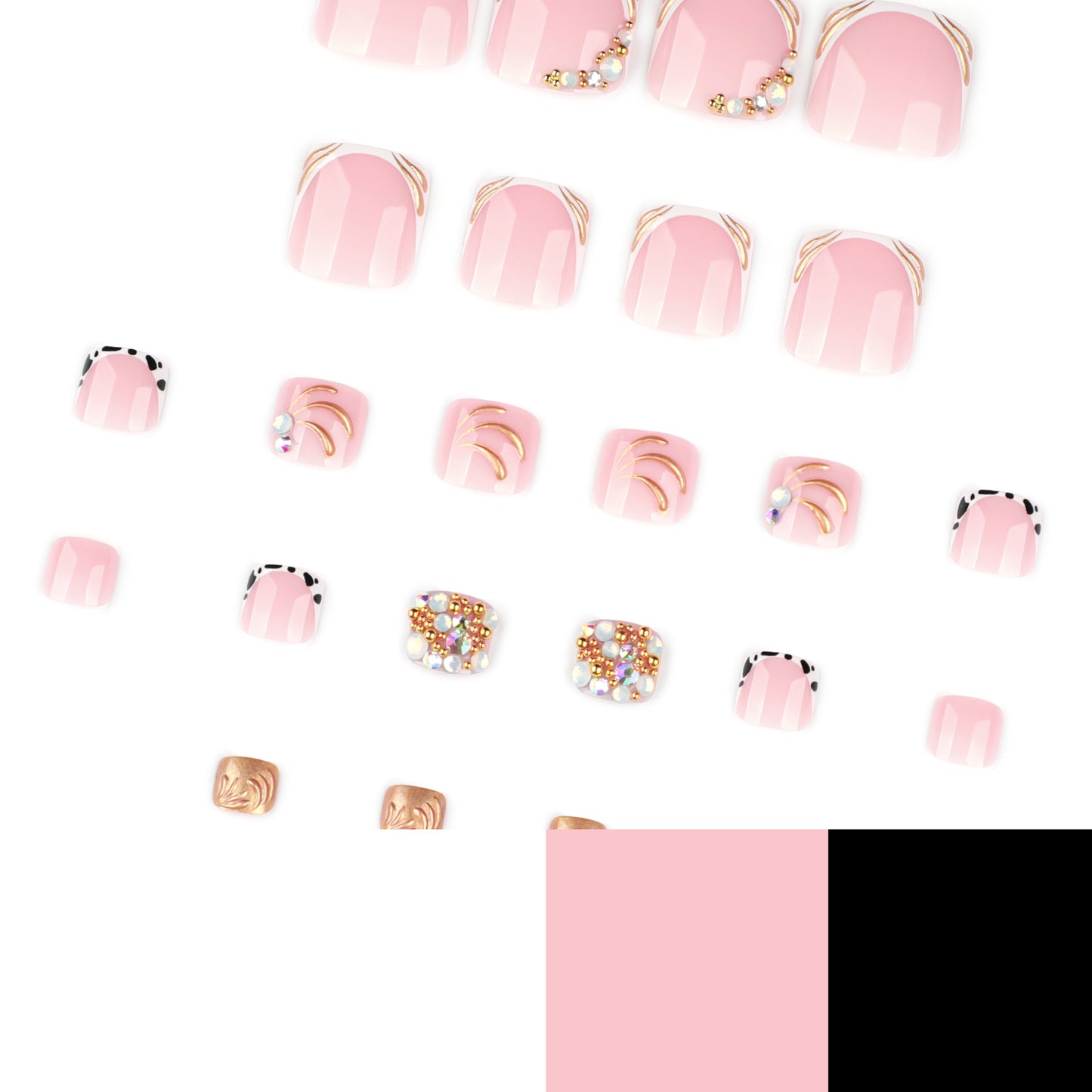 Nude Pink Press On Toenails with Rhinestones Gold Line Cow Print Mixed Design Glossy Short Squoval Shape Glam Full Cover False Toe Nails Kit Reusable 117