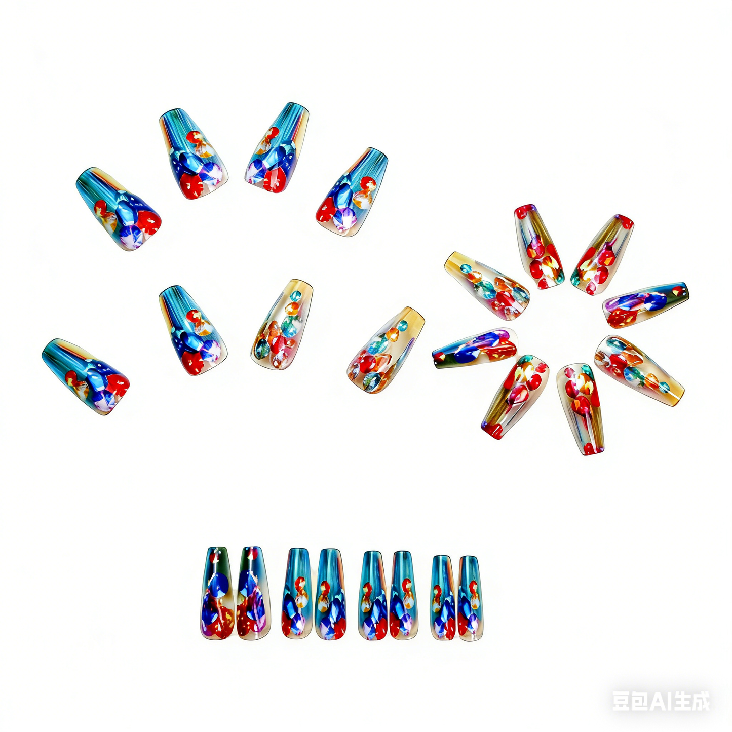 Glitter Press On Nails Rhinestone Squoval Rainbow Ombre Long Baddie Festival Nails Reusable Nail Set 26