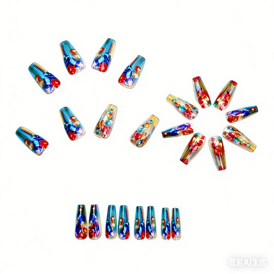 Glitter Press On Nails Rhinestone Squoval Rainbow Ombre Long Baddie Festival Nails Reusable Nail Set 26
