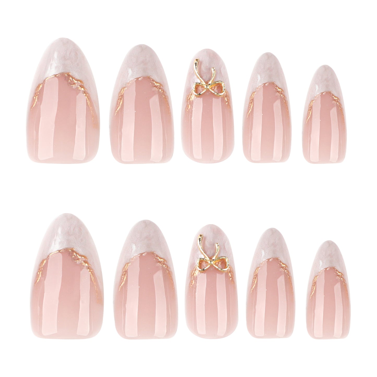 French Tip Press On Nails Almond Nude Pink White Ombre Gold Bow Glossy Reusable 09