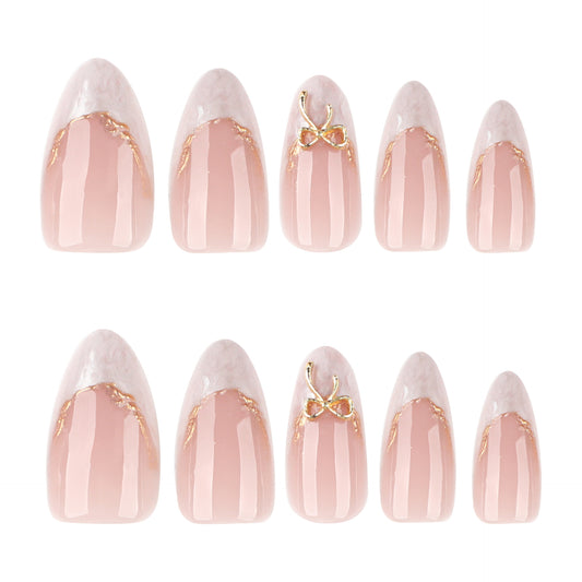 French Tip Press On Nails Almond Nude Pink White Ombre Gold Bow Glossy Reusable 09