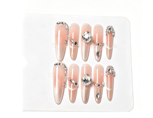 Pink Ombre Cat Eye Press On Nails – Long Stiletto Rhinestone Glossy Reusable Acrylic Nails 06