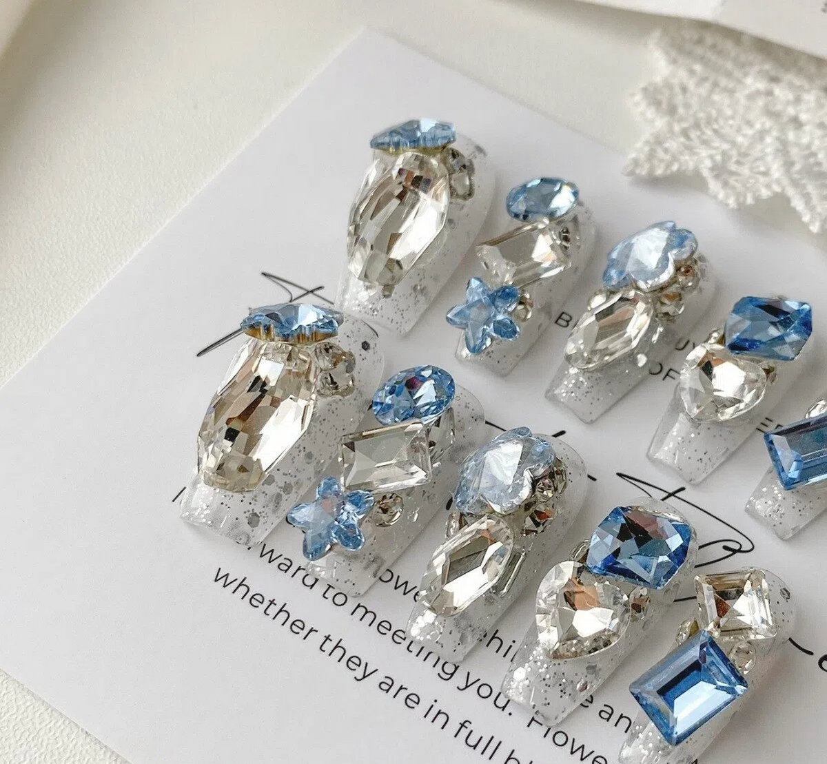 Blue Rhinestone Press-On Nails – Coffin Nails with 3D Flower Crystal Details & Sheer Glitter Base | Luxury Reusable Nail Set 311