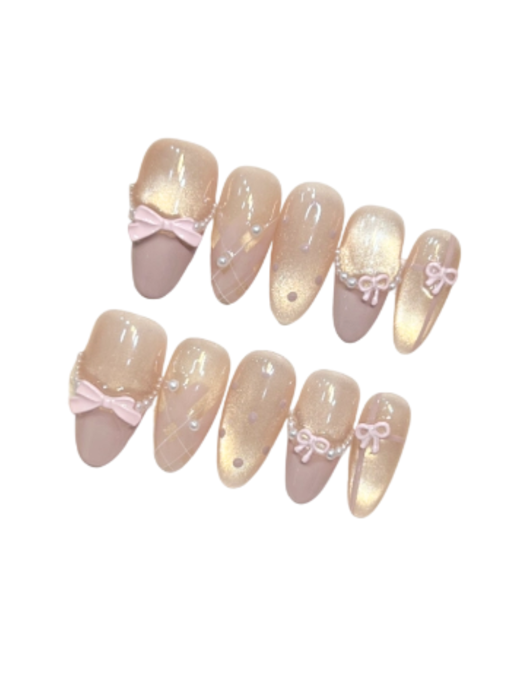 3D Pink Bow & Pearl Chain Press On Nails Almond Shape – Nude French Tip Bridal Wedding Luxury Reusable Nail Set 199