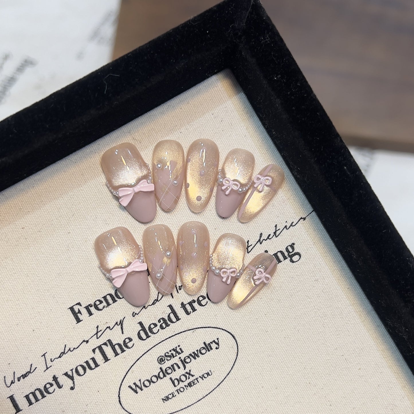 3D Pink Bow & Pearl Chain Press On Nails Almond Shape – Nude French Tip Bridal Wedding Luxury Reusable Nail Set 199