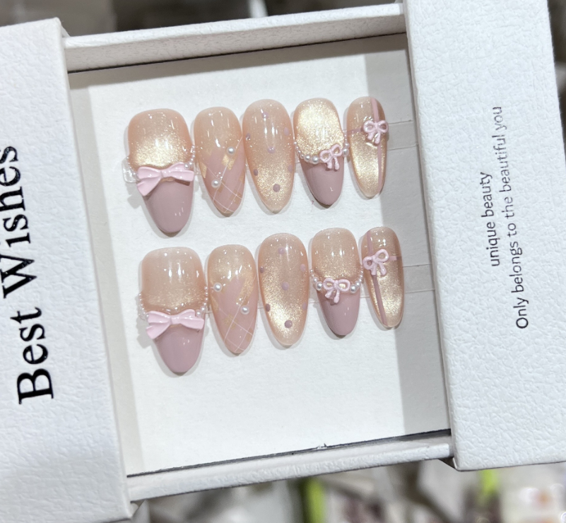 3D Pink Bow & Pearl Chain Press On Nails Almond Shape – Nude French Tip Bridal Wedding Luxury Reusable Nail Set 199