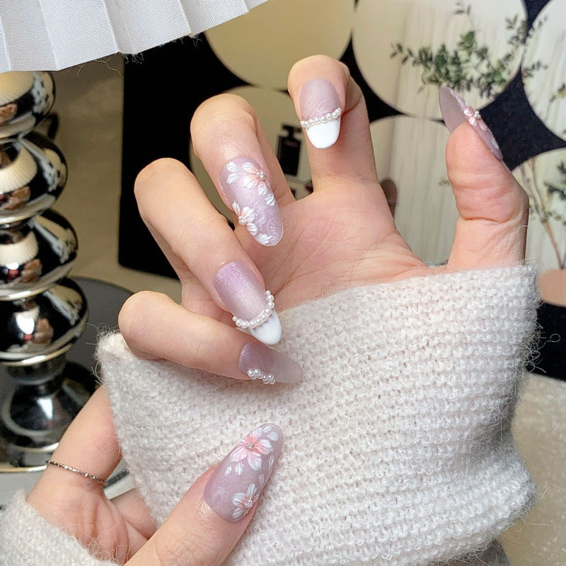 Gray Pearl French Press-On Nails – Floral Nude Oval Nails | Pearl Chain Detail Reusable Bridal Nail Set 267