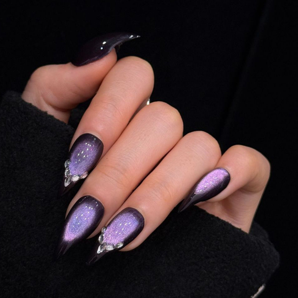 Black & Purple Cat Eye Press-On Nails – Curved Stiletto Dragon Claw Nails with Rhinestone & Silver Bead Details | Gothic Luxury Reusable Nail Set 296