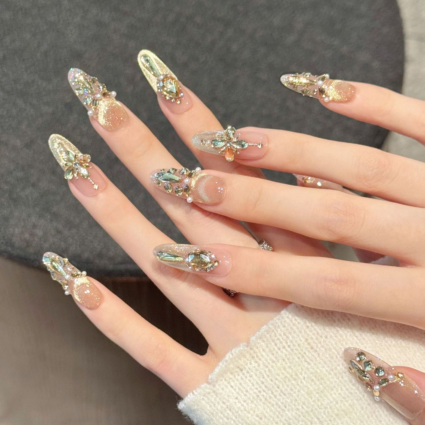 Champagne Cat Eye Press-On Nails – Nude Pink Gradient Almond Nails with Pearl & Crystal Embellishments | Luxury Reusable Nail Set 298