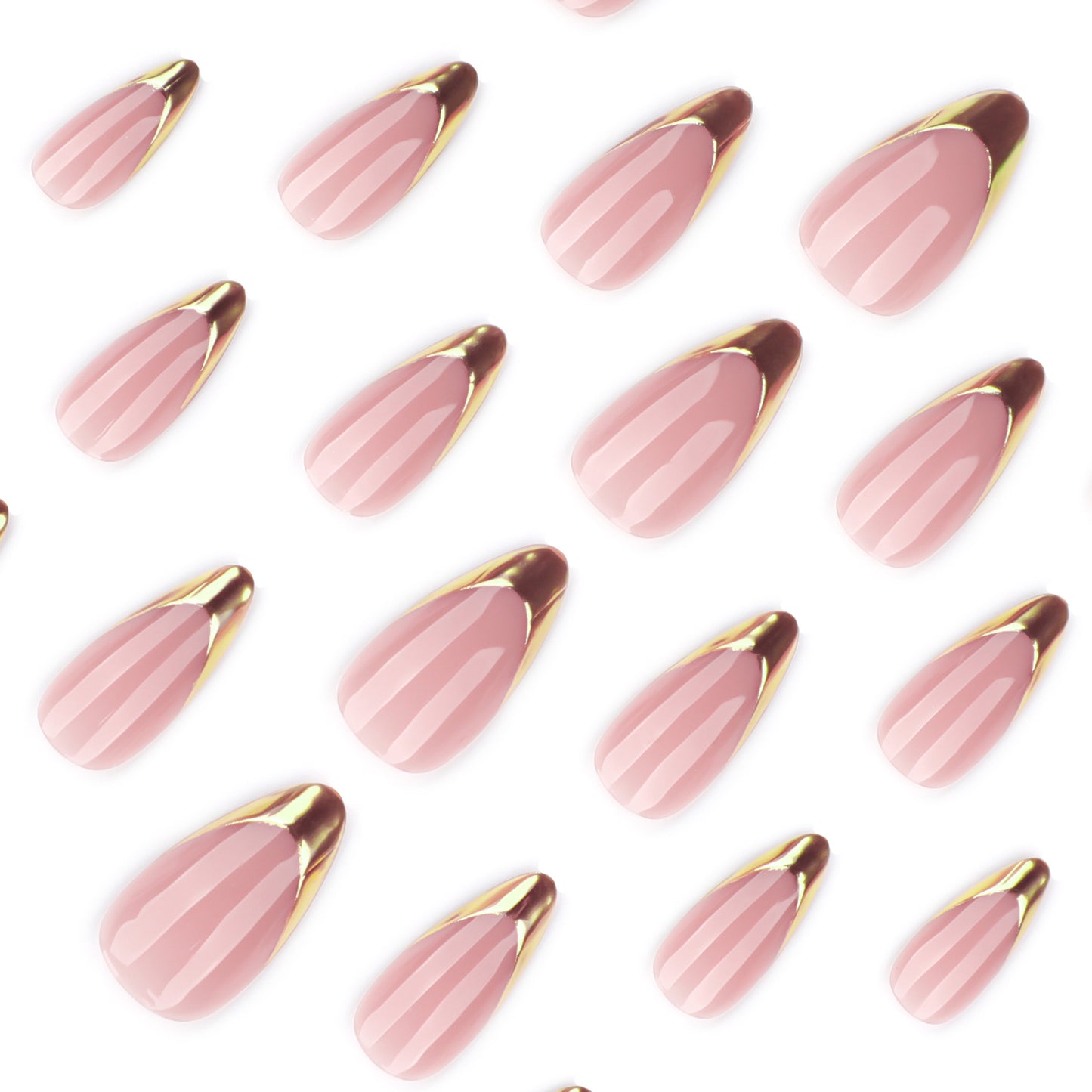 Nude Pink Press On Nails with Gold French Tip Slanted Design Glossy Almond Shape Elegant Minimal Luxury Full Cover False Nails Kit Reusable 120