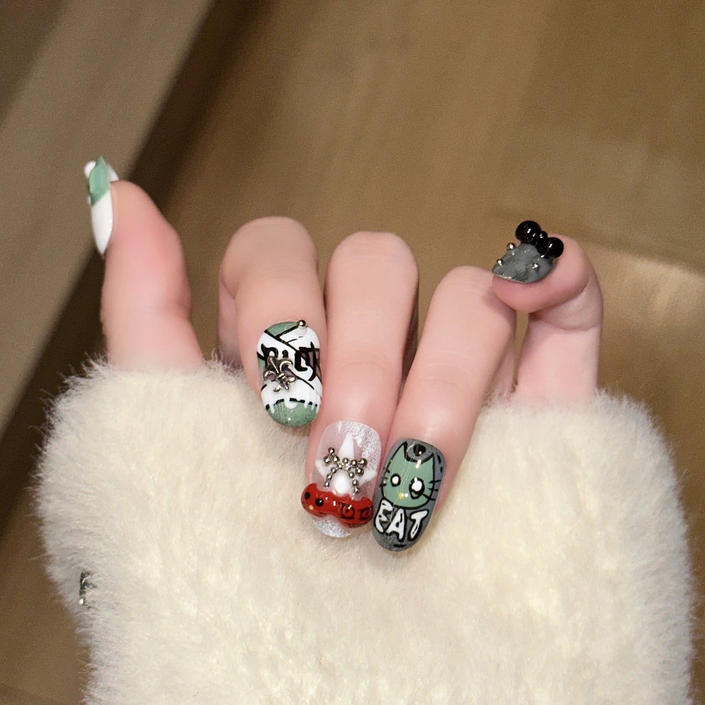 Y2K Grunge Cat Press-On Nails – Grey Green & Black Graffiti Almond Nails | 3D Bow, Chain & Metal Charms Alternative Reusable Nail Set 248
